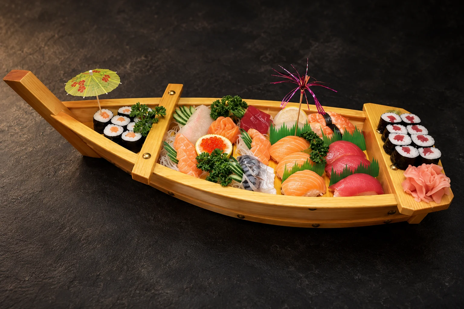 MENU R on a wooden boat, dark background.