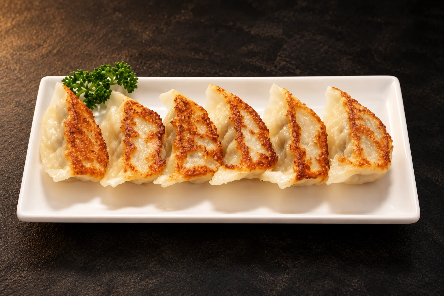 H2 Gyoza poulet on a white rectangular plate, dark background.