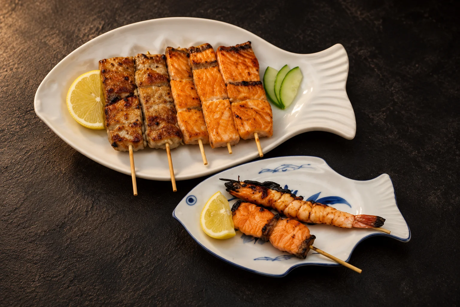 Skewers from MENU K on two fish-shaped plates, dark background.
