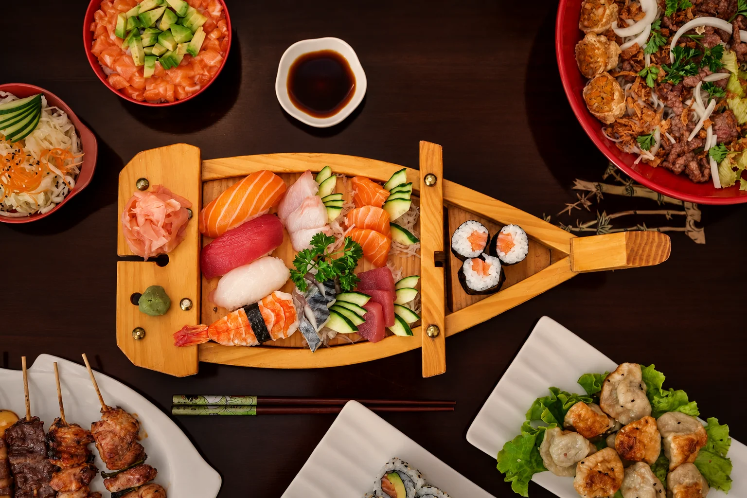 A wooden sushi boat, bowls and plates on a dark table.