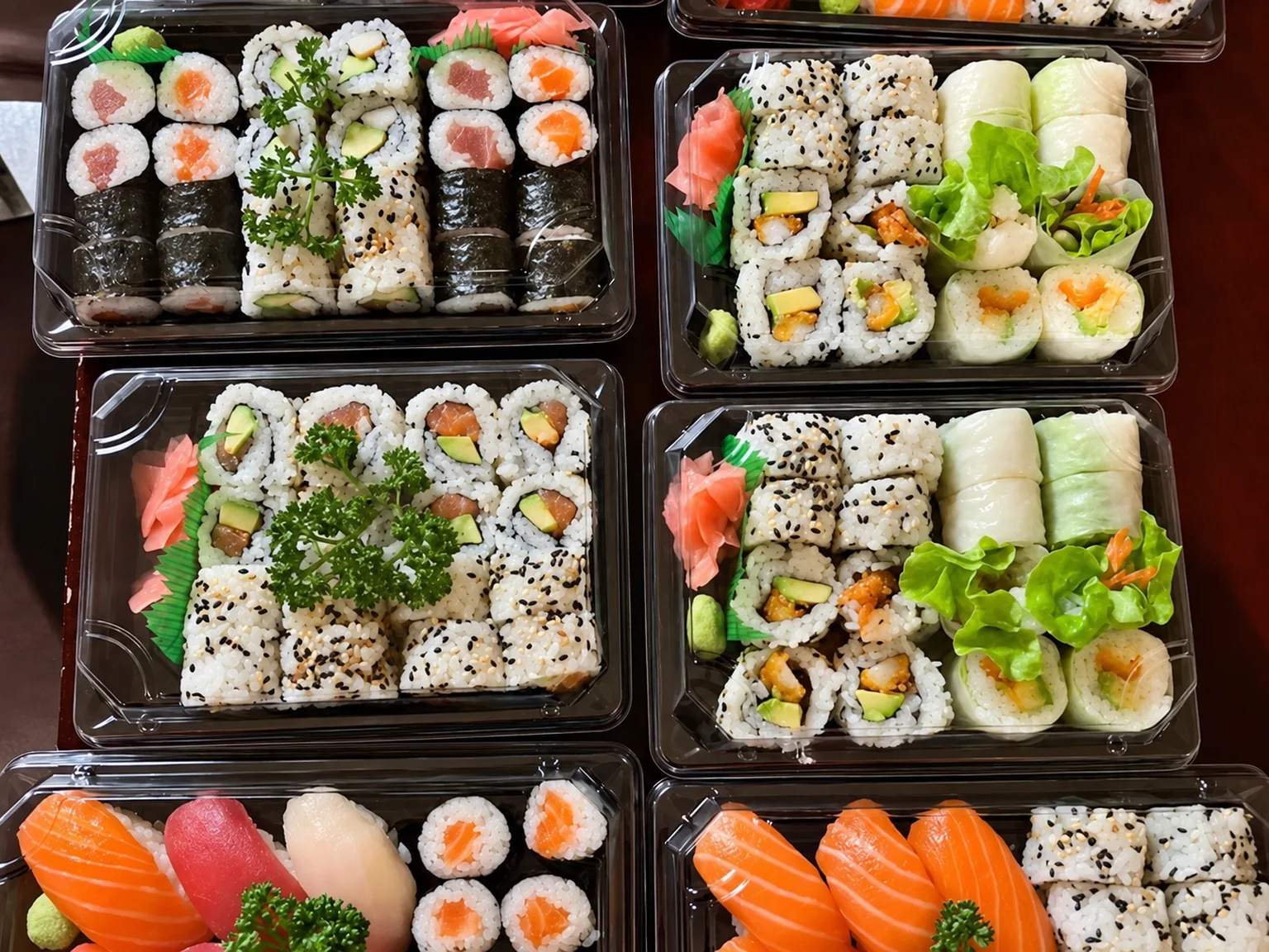 Maki and sushi in boxes with clear lids.